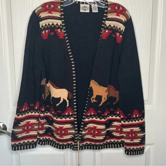 Rods Horse Print Zip Up Cardigan Sweater Womens Sz L Western Country Ranch - Picture 8 of 12